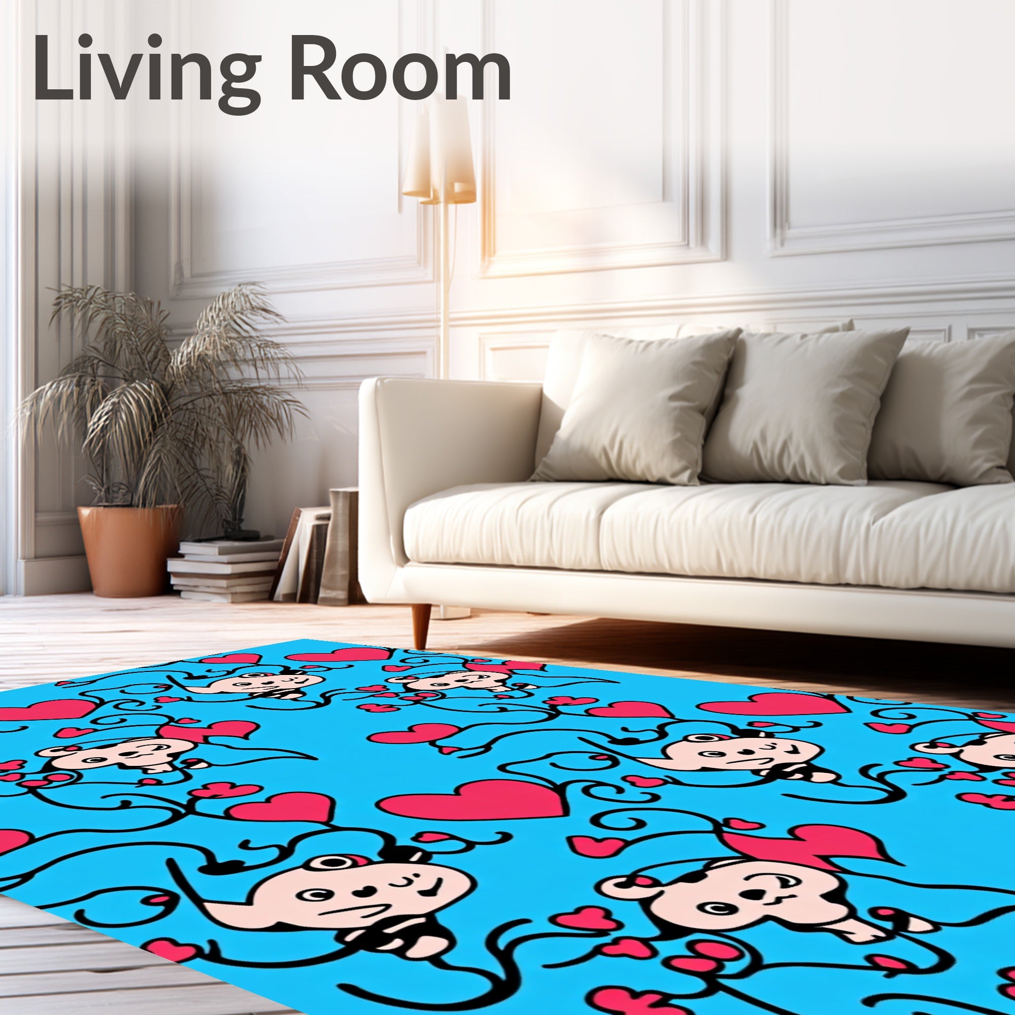 Whimsical Pink Heart Characters Blue Background Rug