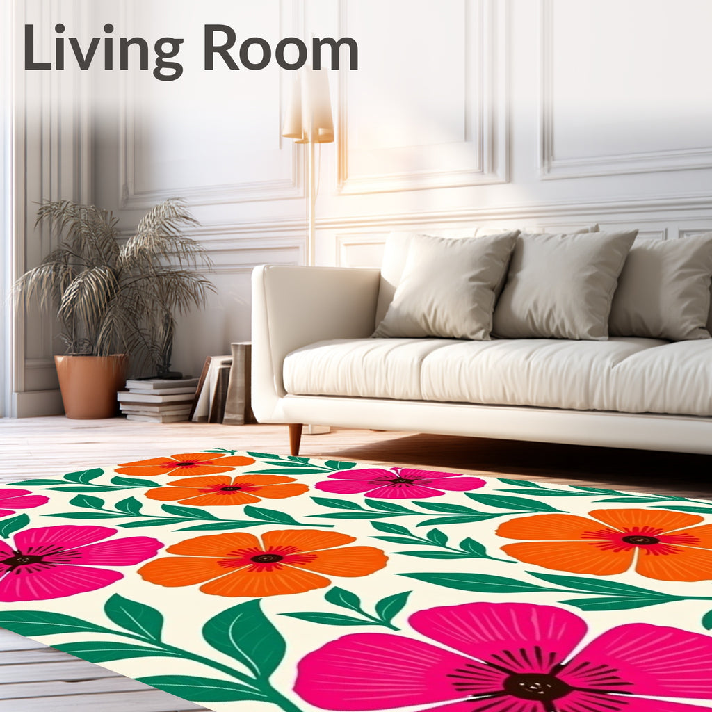 Vibrant Pink Orange Floral Foliage Rug
