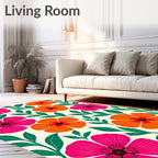 Vibrant Pink Orange Floral Foliage Rug