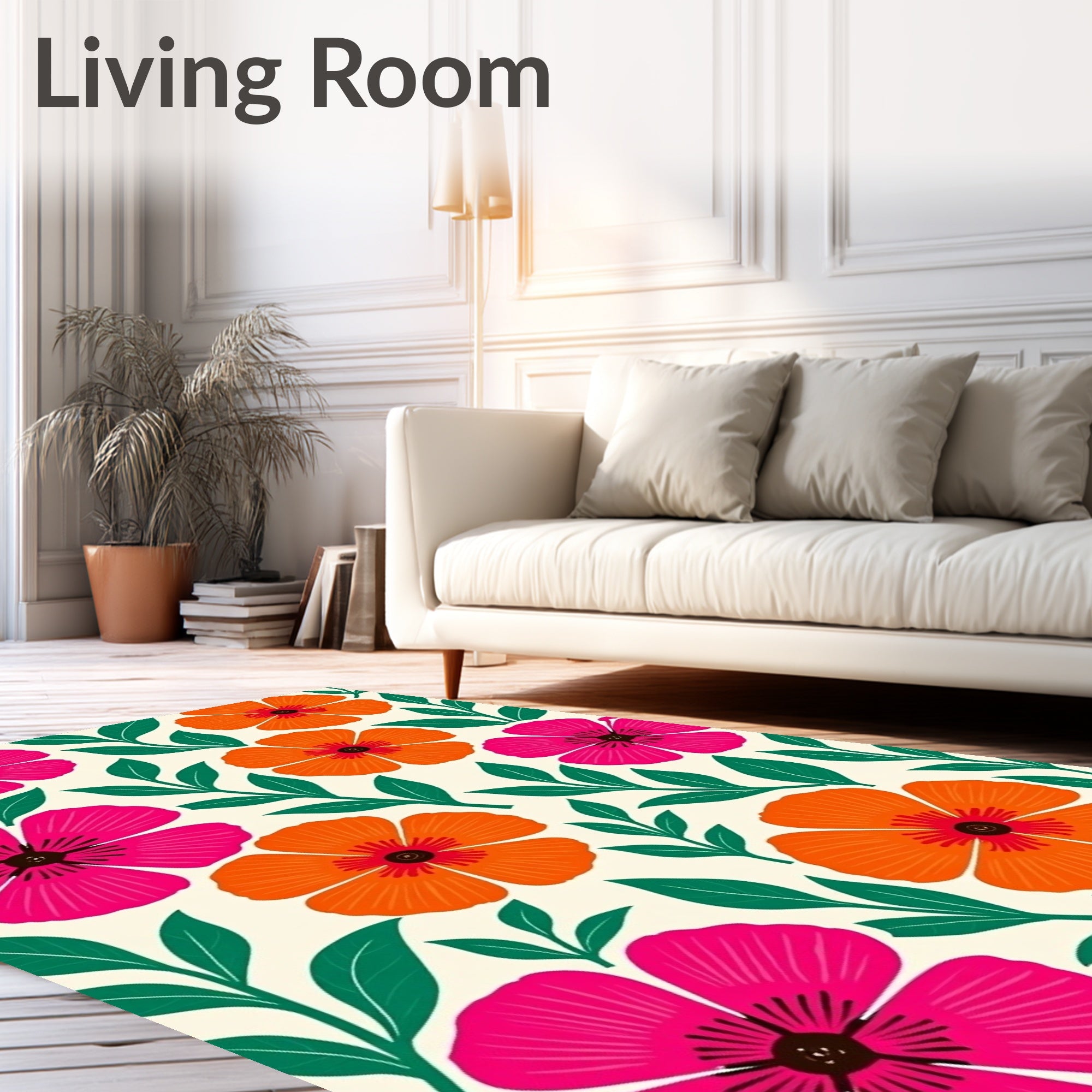 Vibrant Pink Orange Floral Foliage Rug