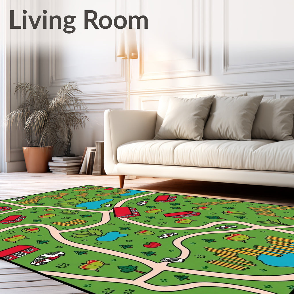Whimsical Apple Orchard Village Scene Rug