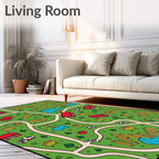 Whimsical Apple Orchard Village Scene Rug