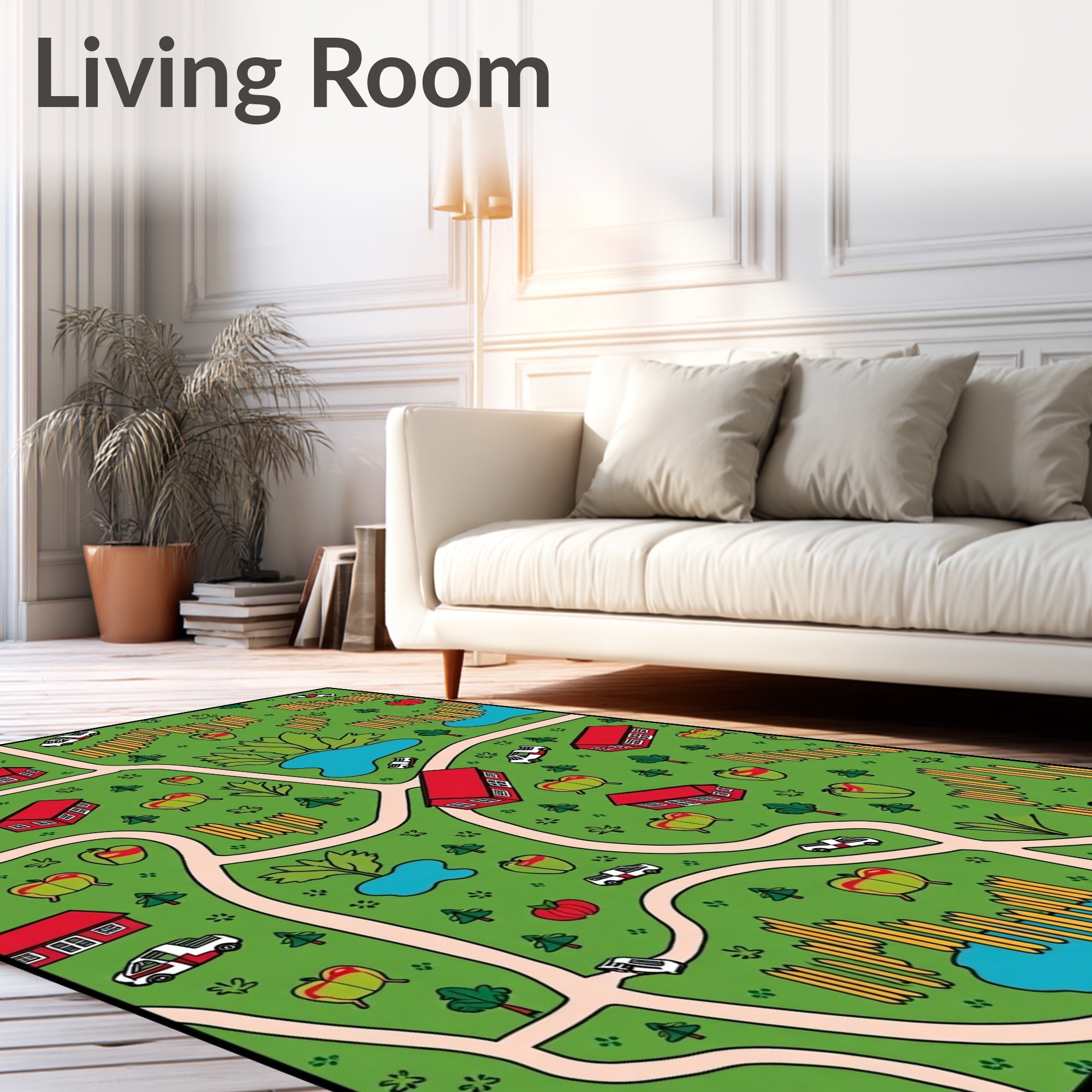 Whimsical Apple Orchard Village Scene Rug