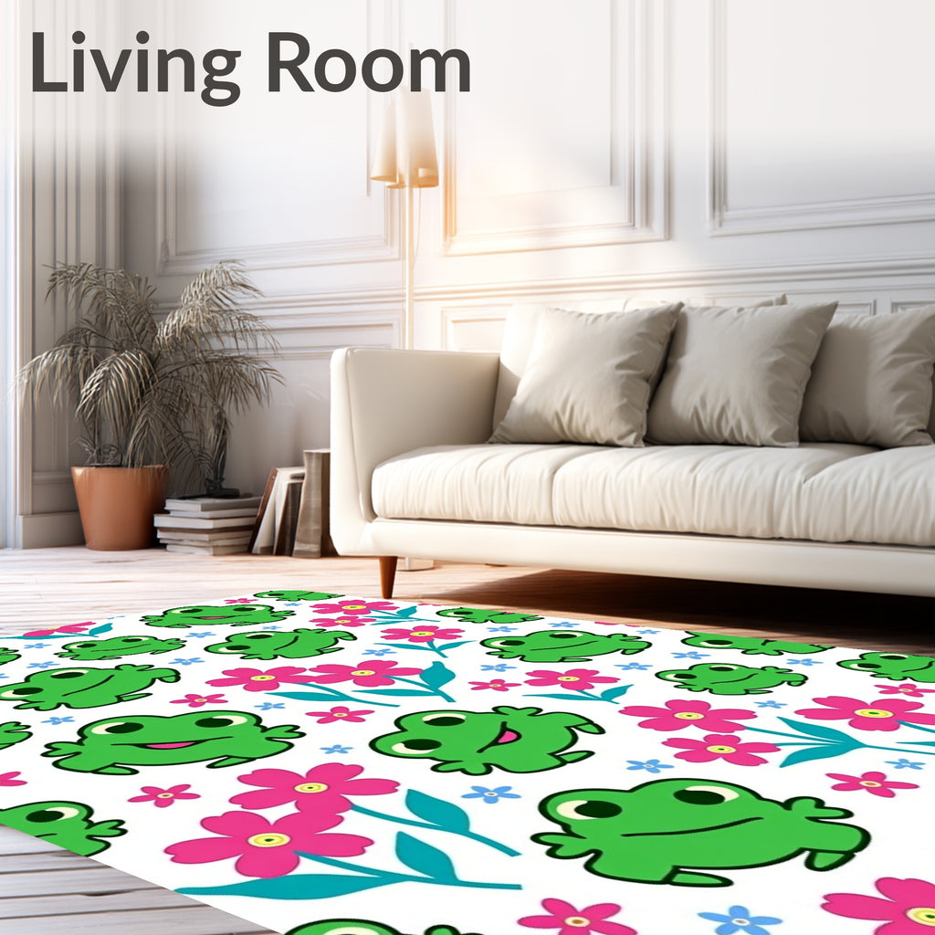Happy Green Frog Pink Flower Garden Rug