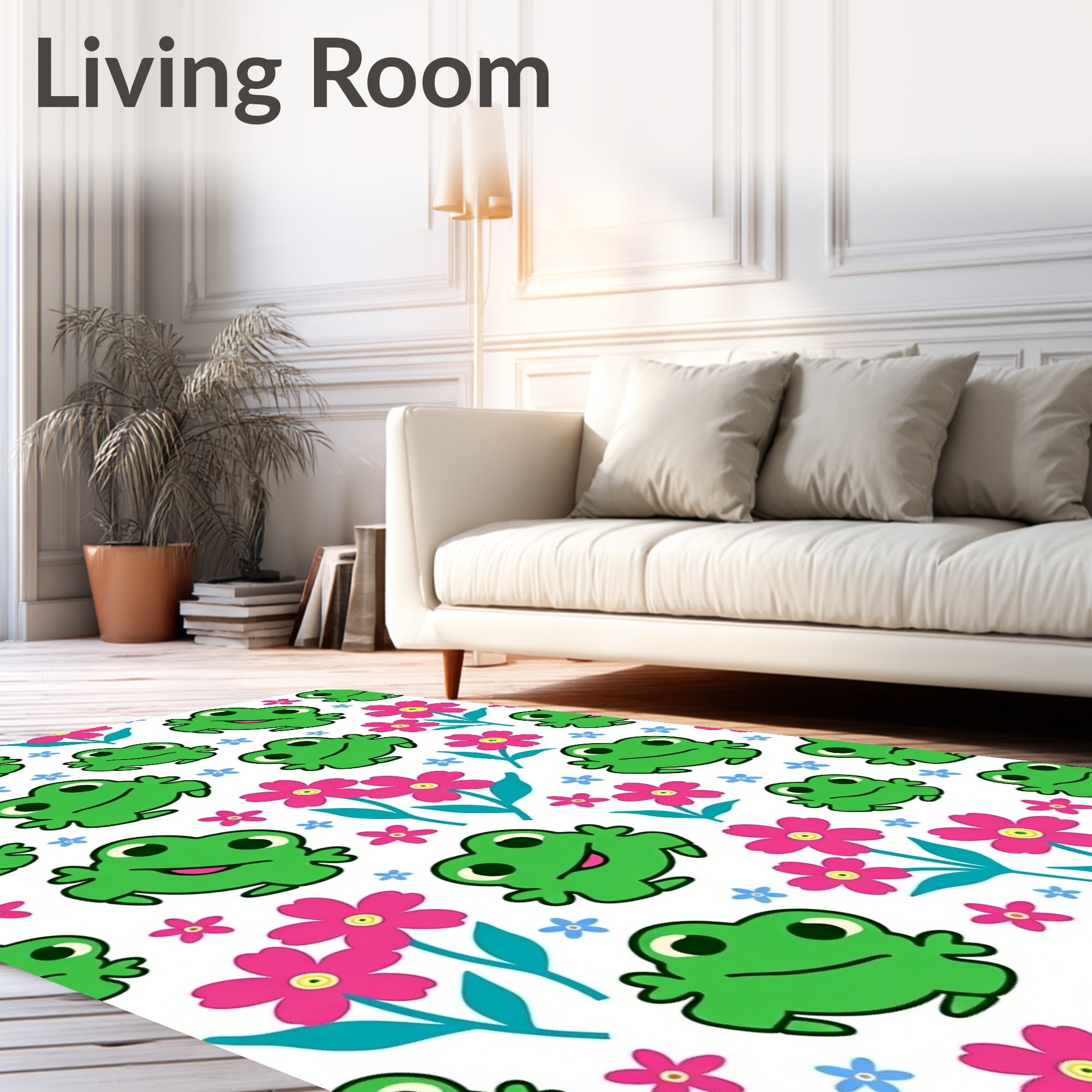 Happy Green Frog Pink Flower Garden Rug