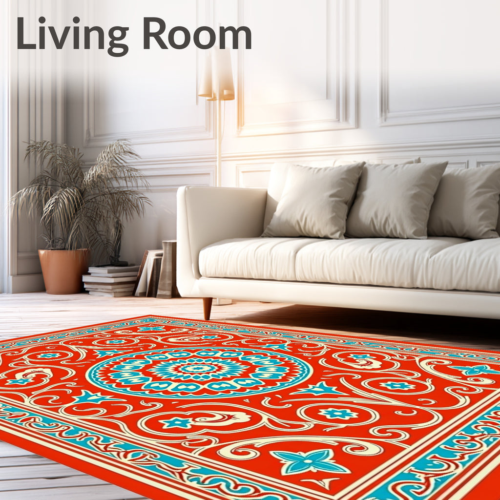 Vibrant Red Turquoise Floral Medallion Rug