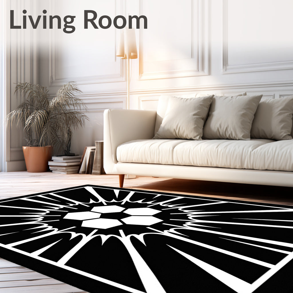 Striking Black White Soccer Ball Burst Rug