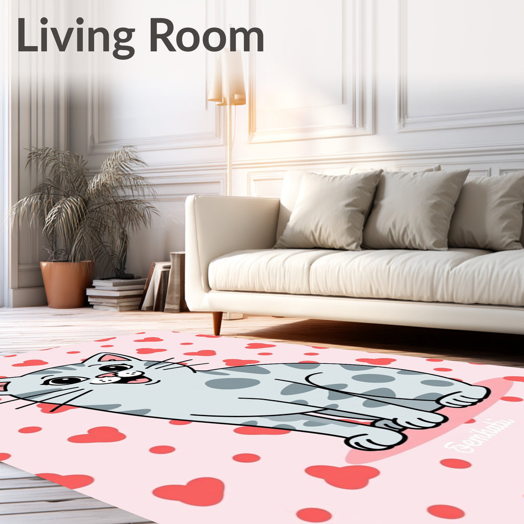 Playful Grey Cat Hearts Background Rug