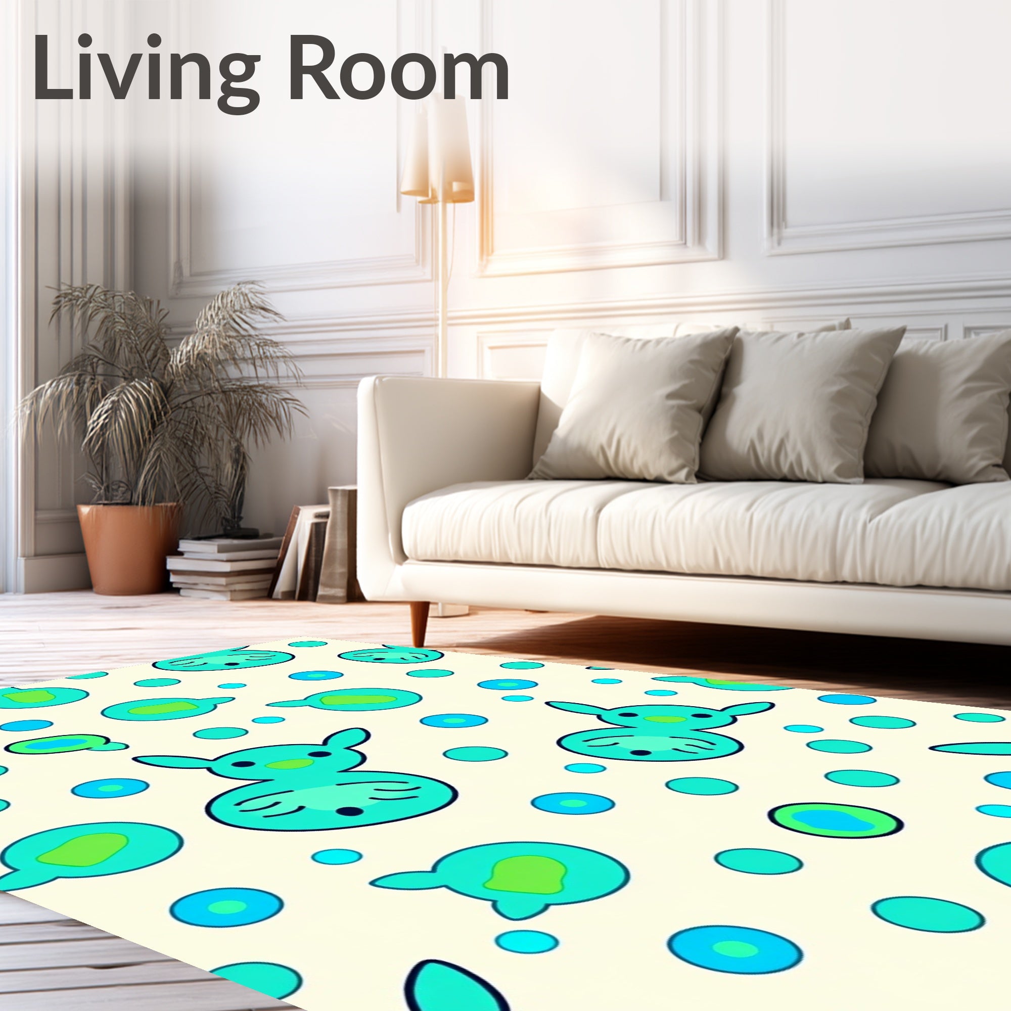 Teal Cartoon Creatures Dot Splash Rug