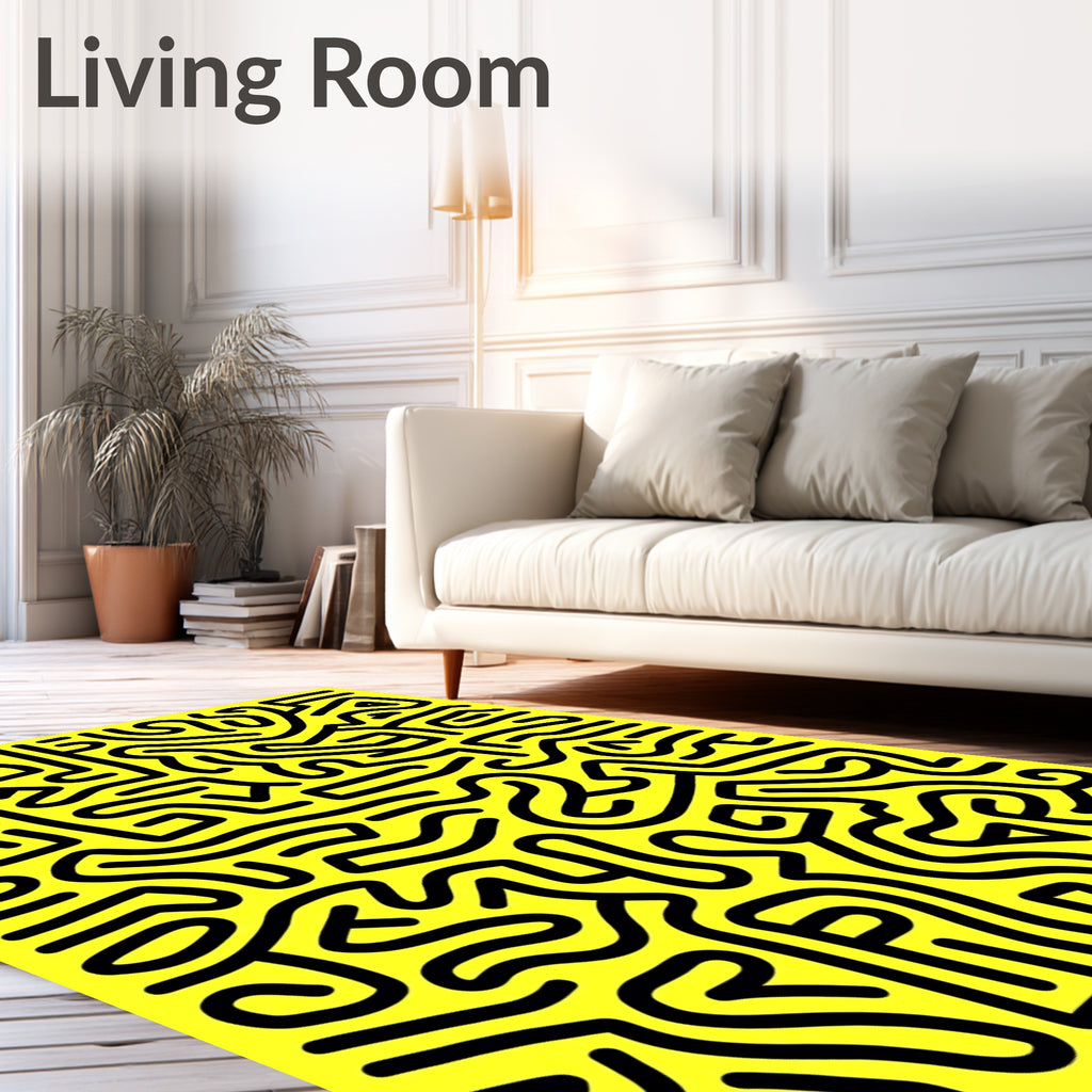 Bold Black Abstract Maze Yellow Rug