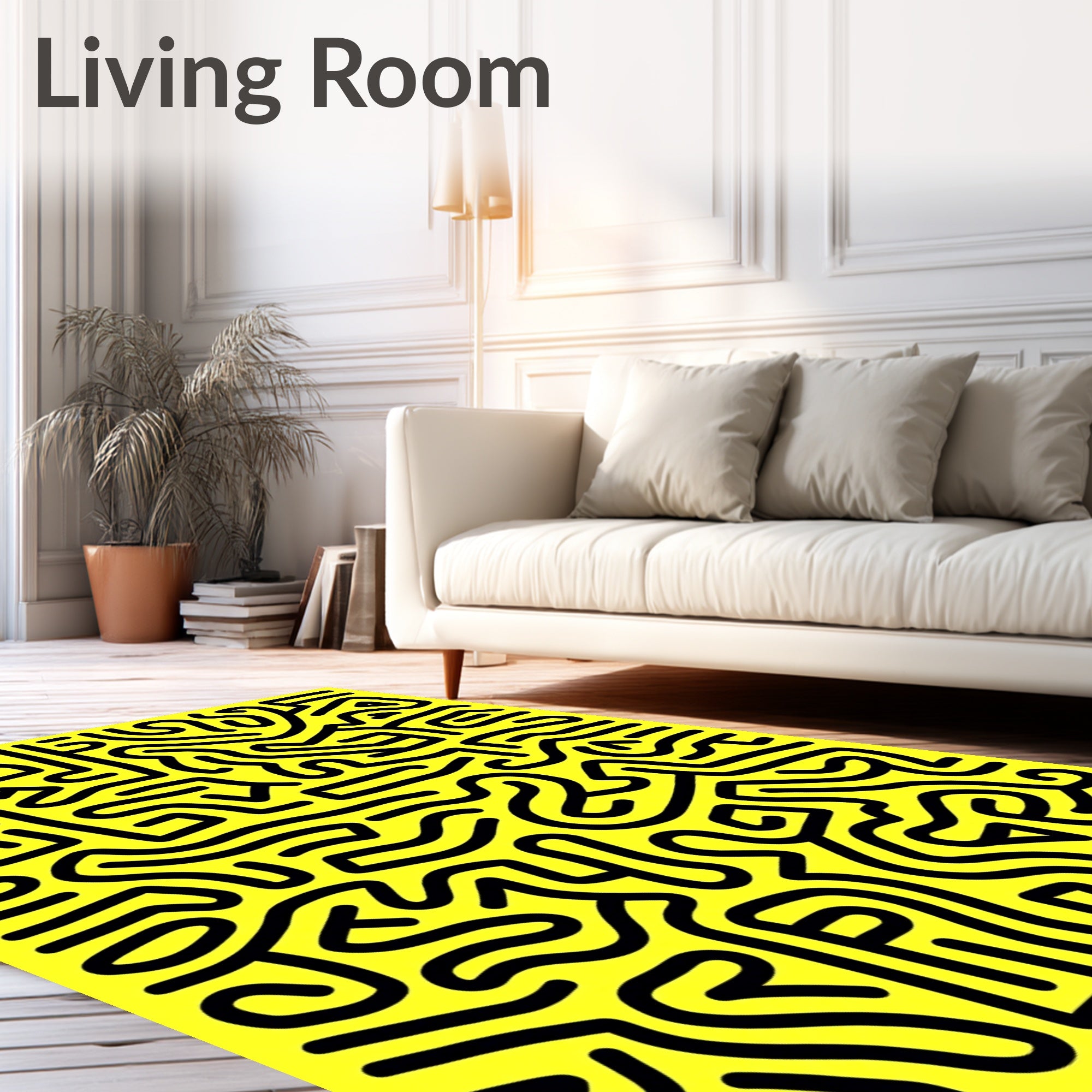 Bold Black Abstract Maze Yellow Rug