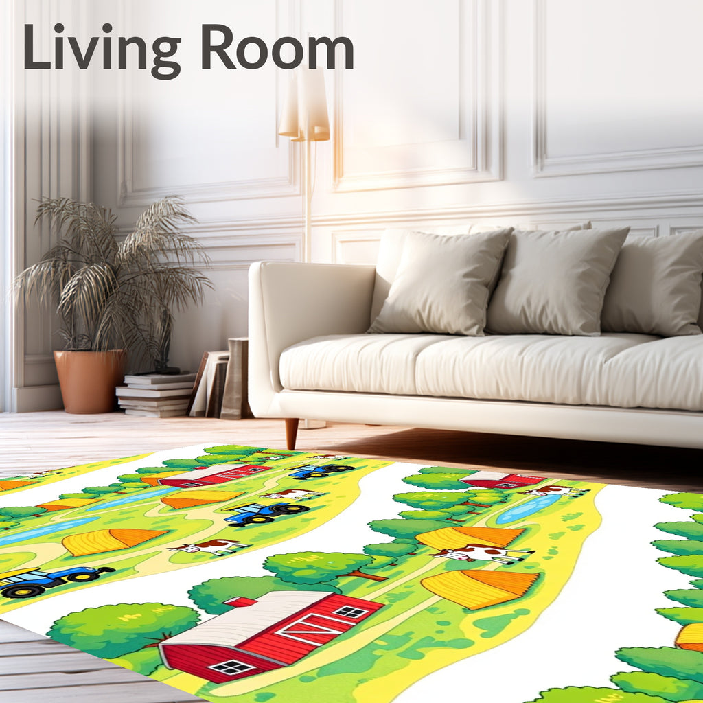 Farm Scene Blue Tractor Haystacks Barns Rug