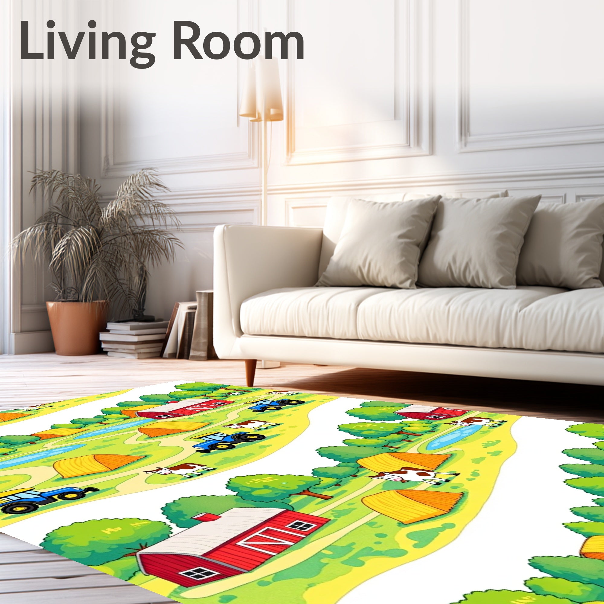 Farm Scene Blue Tractor Haystacks Barns Rug
