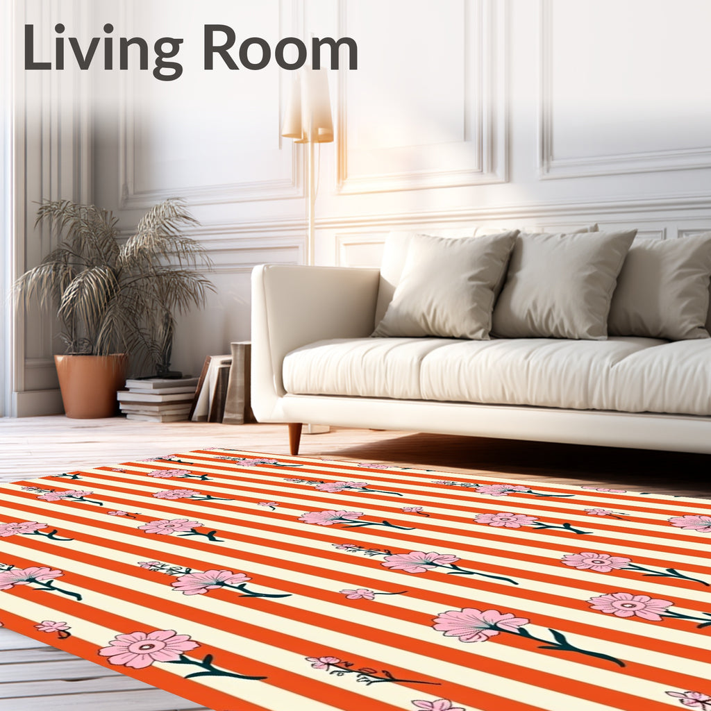 Pink Floral Cream Orange Stripes Rug