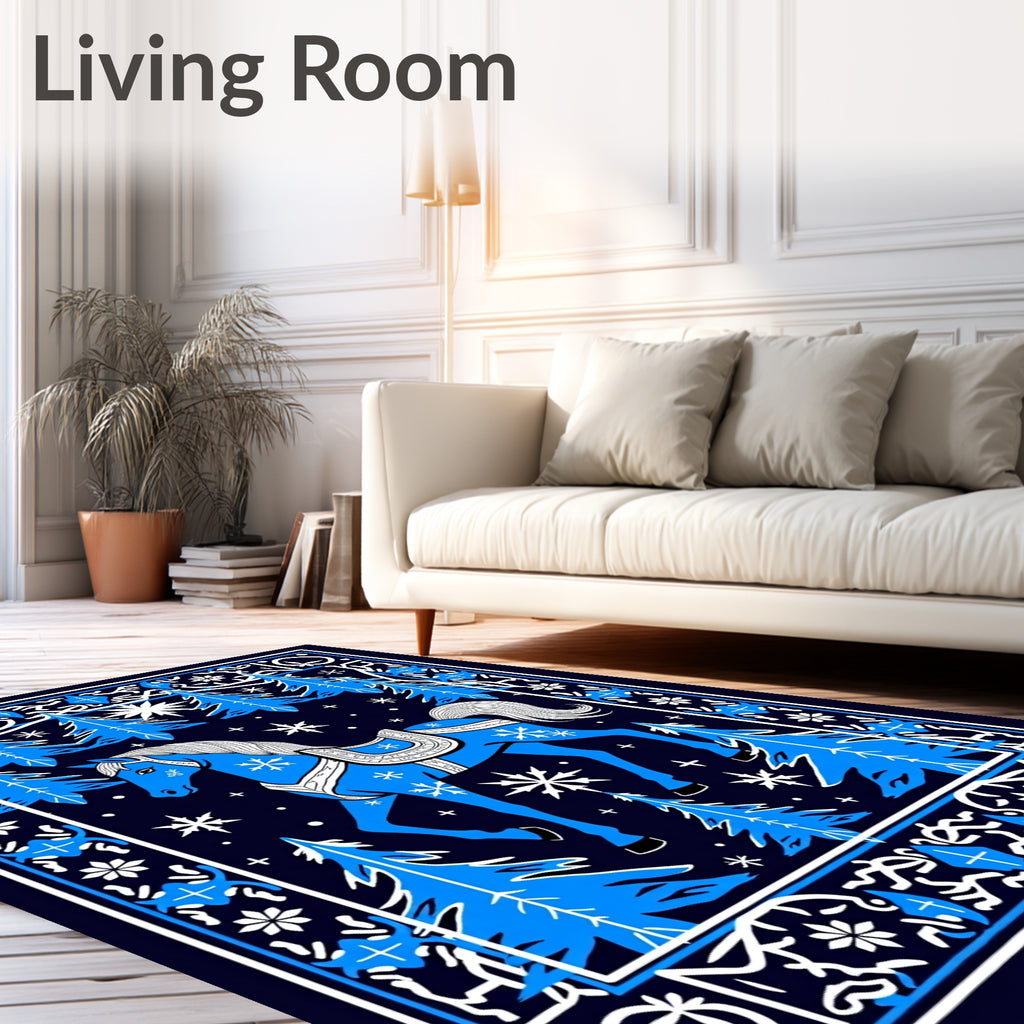 Blue Horse Winter Forest Border Rug