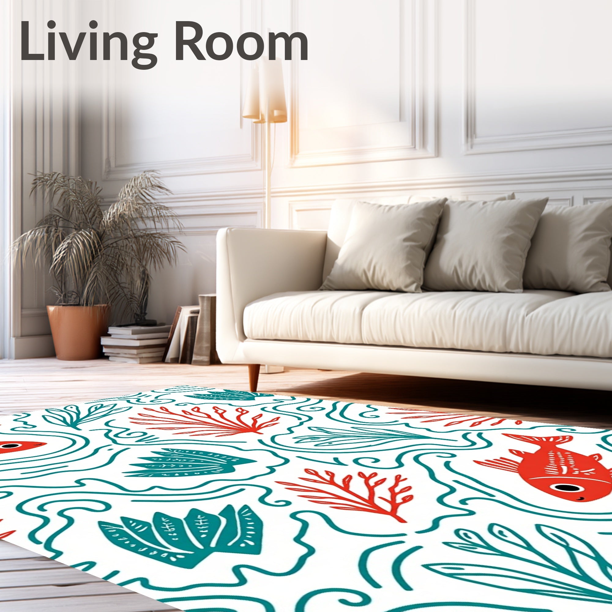 Red Fish Teal Coral Waves Rug