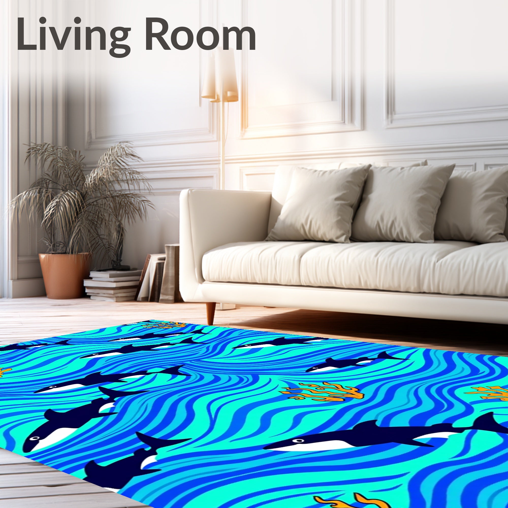 Orcas Swirling Ocean Waves Rug