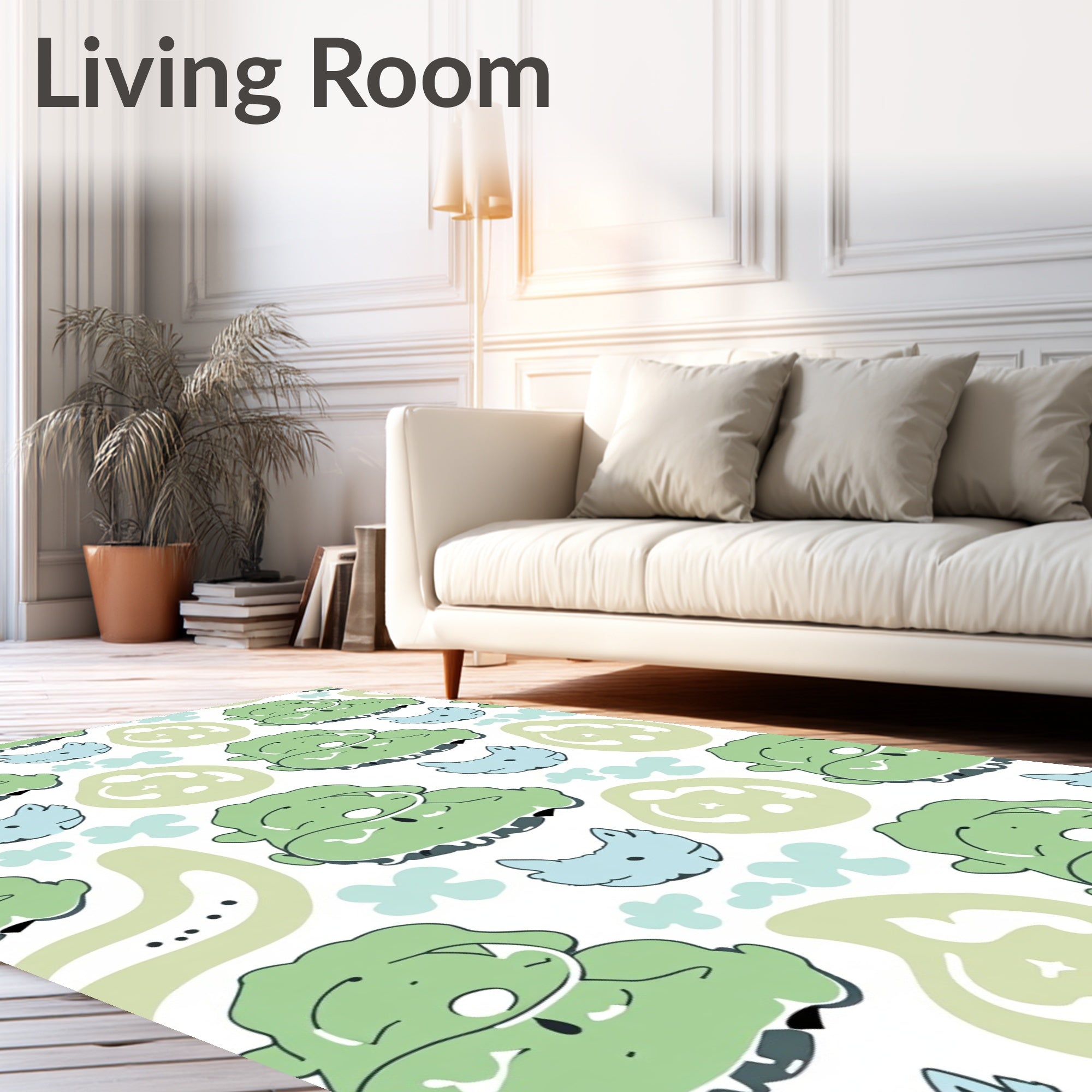 Whimsical Green Cloud Critter Collage Rug