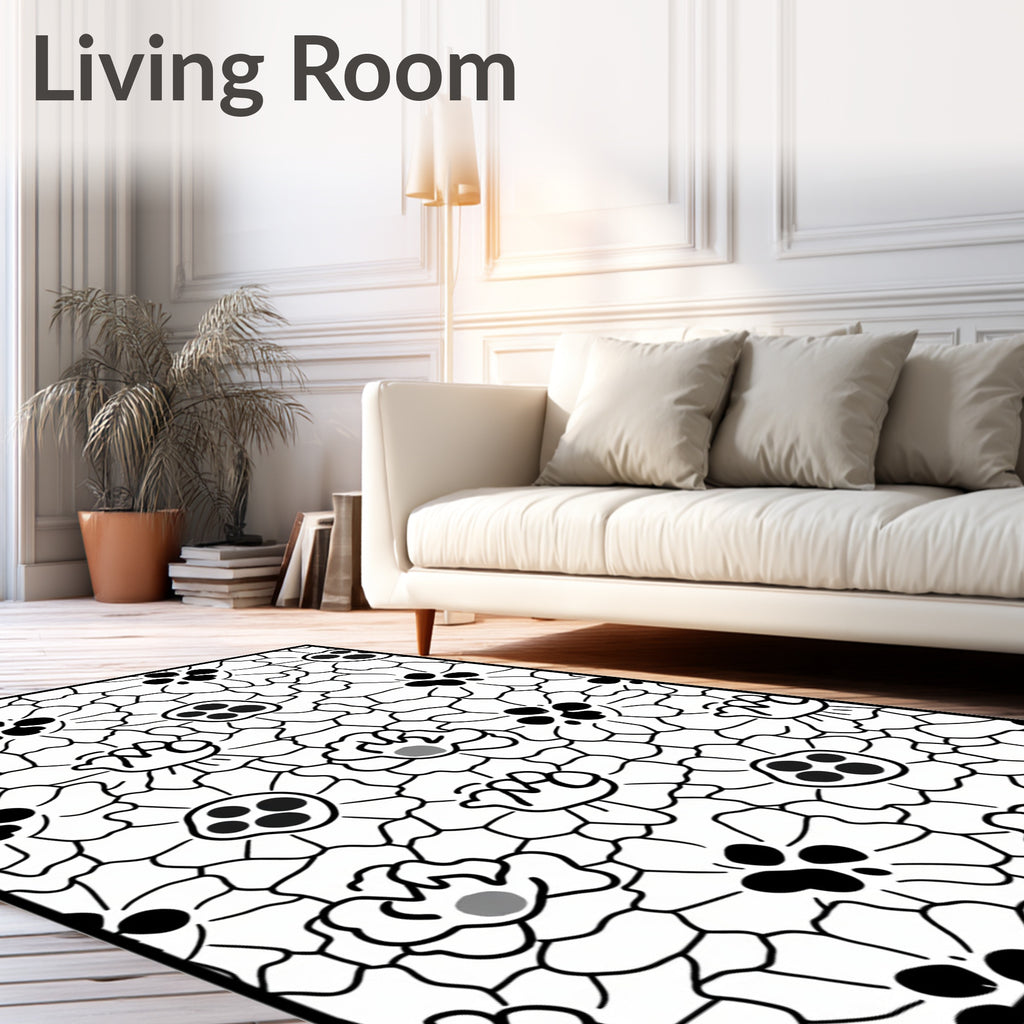 Whimsical Black White Floral Field Rug