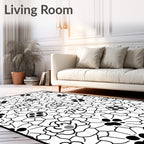 Whimsical Black White Floral Field Rug