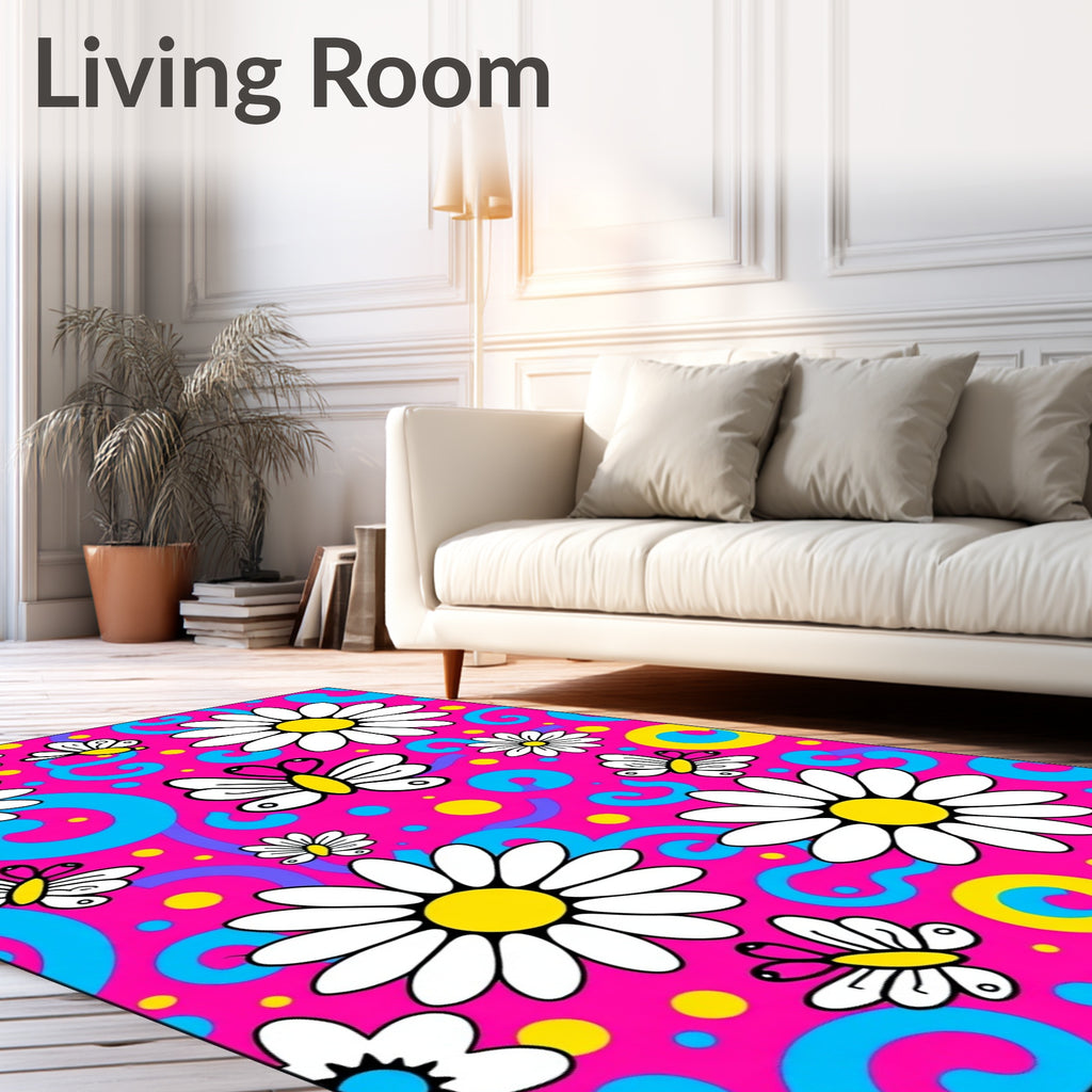 Vibrant Pink Daisy Butterfly Swirl Rug