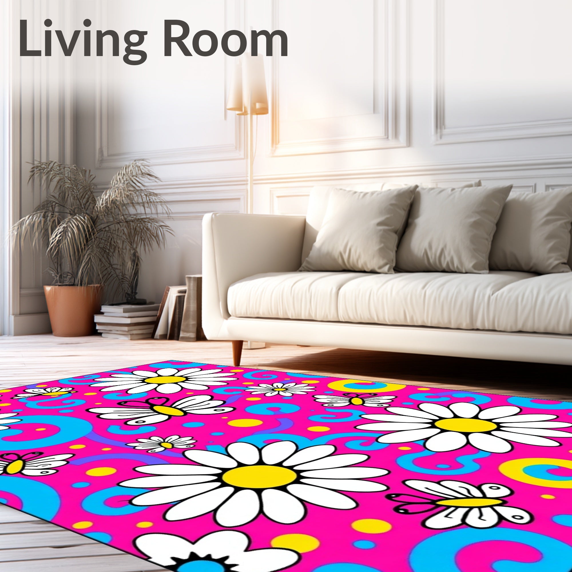 Vibrant Pink Daisy Butterfly Swirl Rug