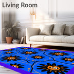 Cheery Blue Folk Sun Flower Rug