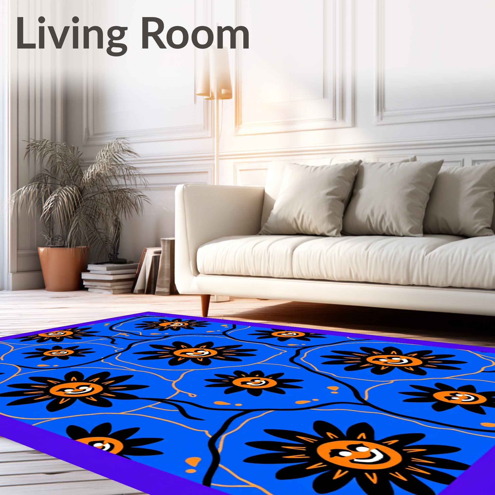 Cheery Blue Folk Sun Flower Rug