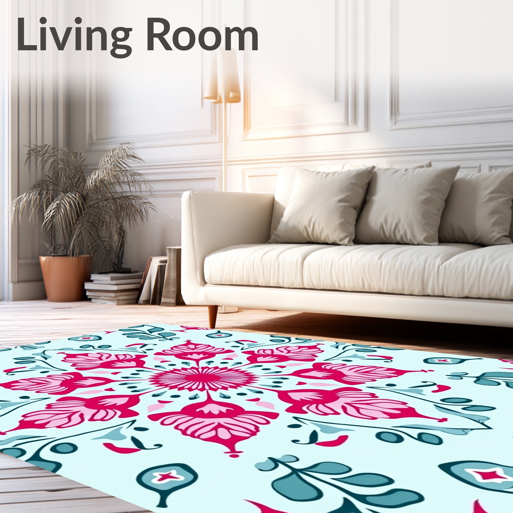 Vibrant Fuchsia Floral Mandala Teal Rug