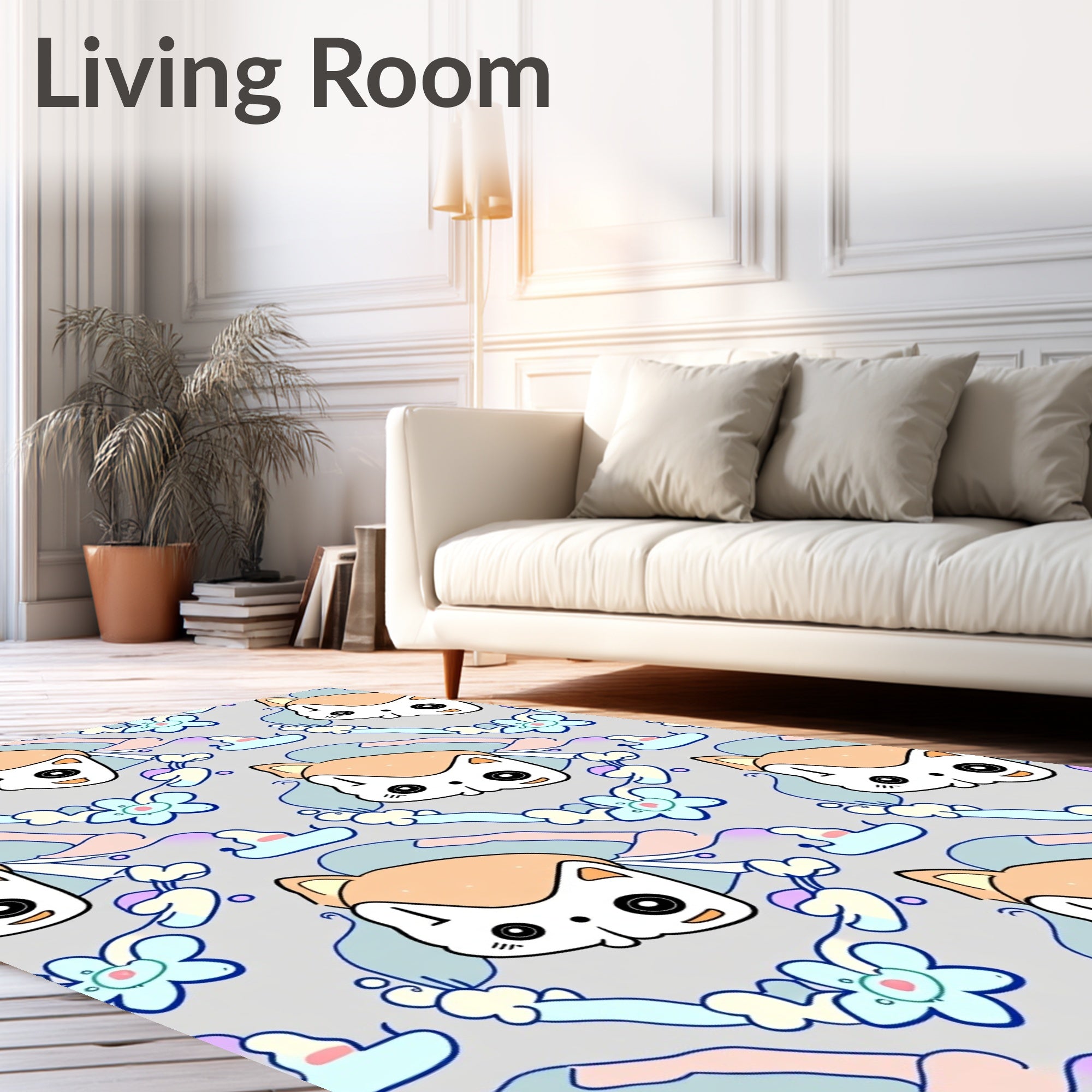 Whimsical Cat and Flower Pastel Abstract Rug