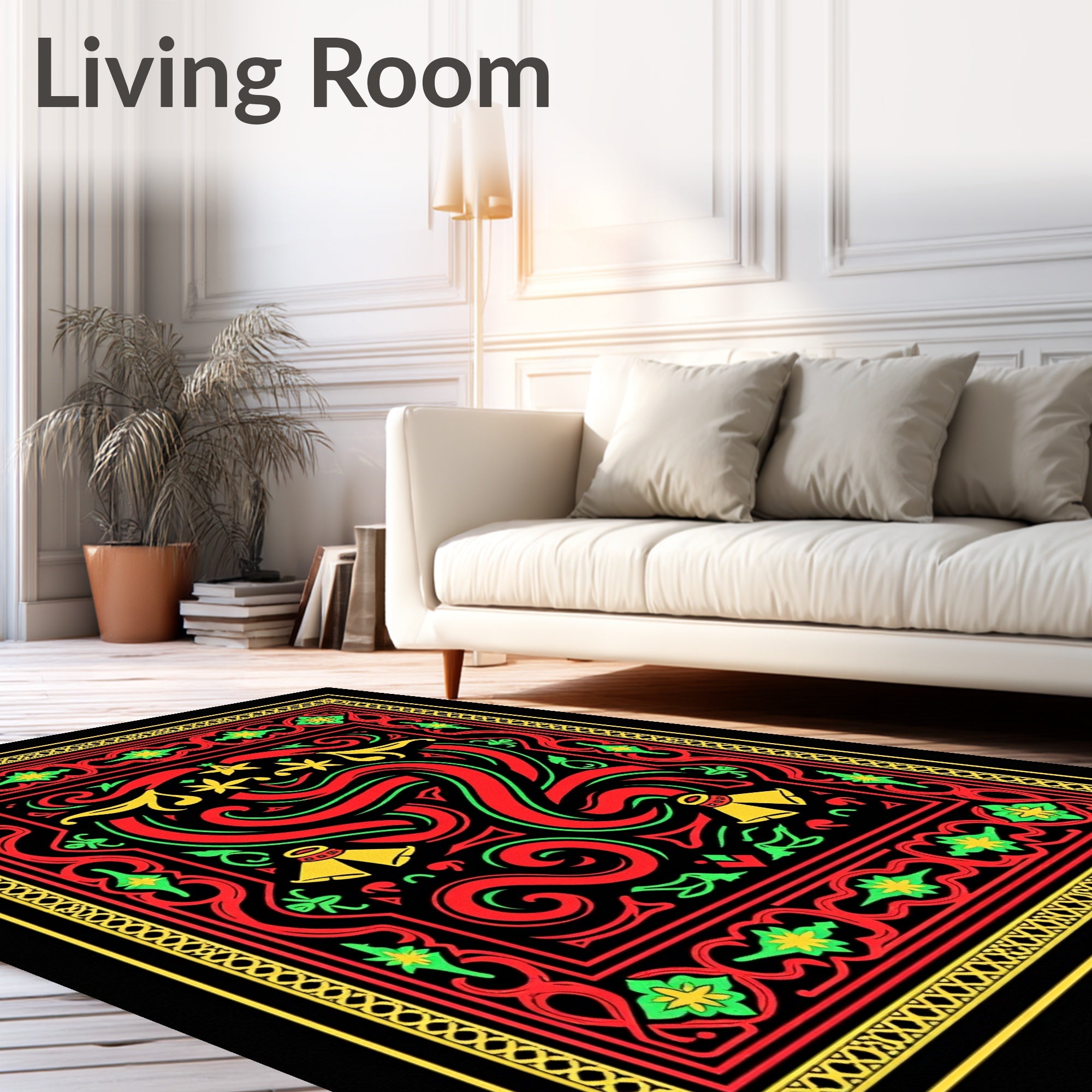 Bold Red Yellow Floral Swirl Art Rug