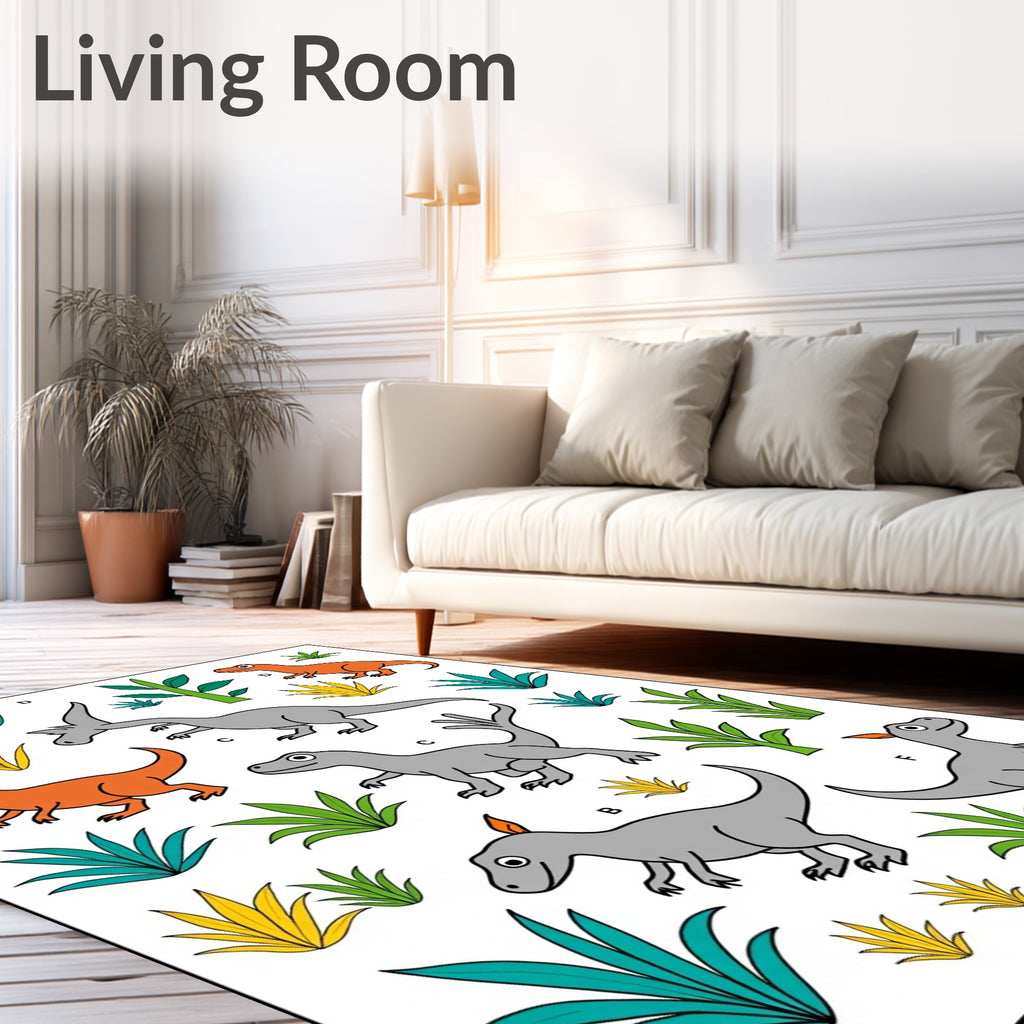 Playful Orange Gray Dinosaurs Foliage Collage Rug
