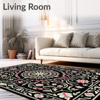 Black Floral Medallion Garden Art Rug