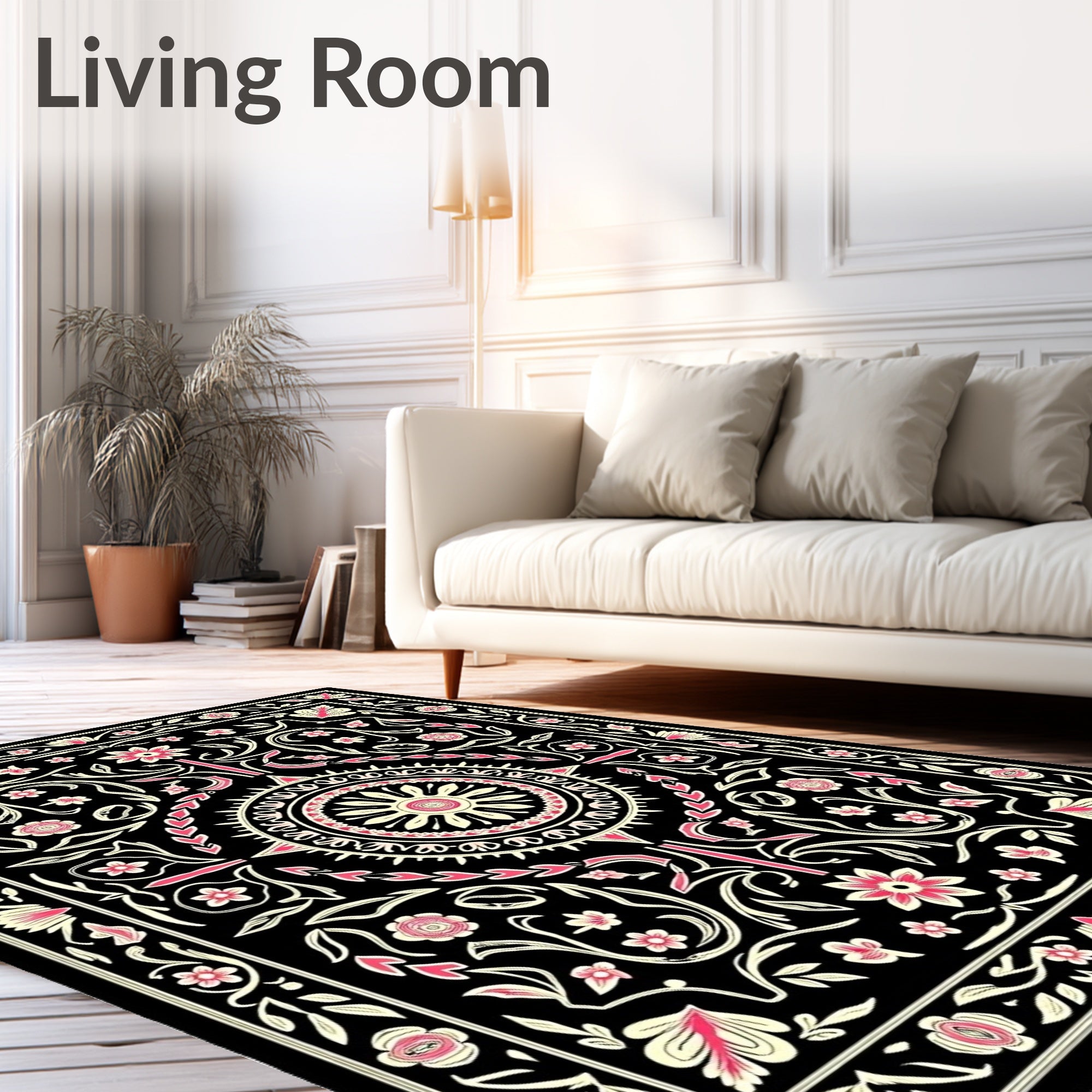 Black Floral Medallion Garden Art Rug