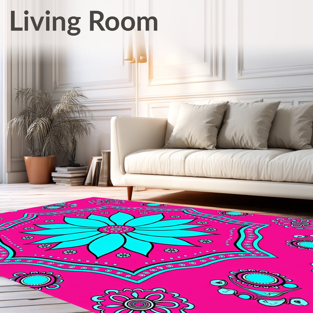 Vibrant Teal Floral Mandala Design Rug