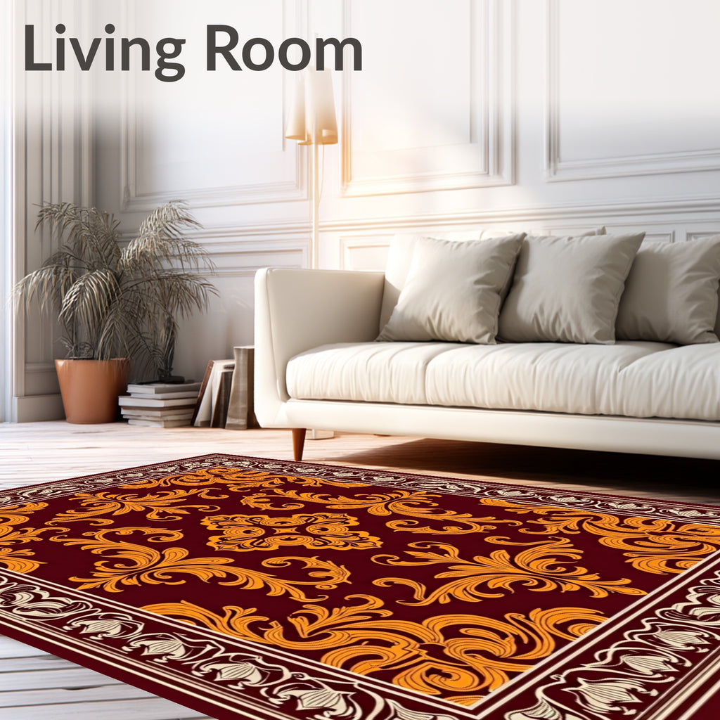 Rich Burgundy Golden Floral Scrollwork Rug