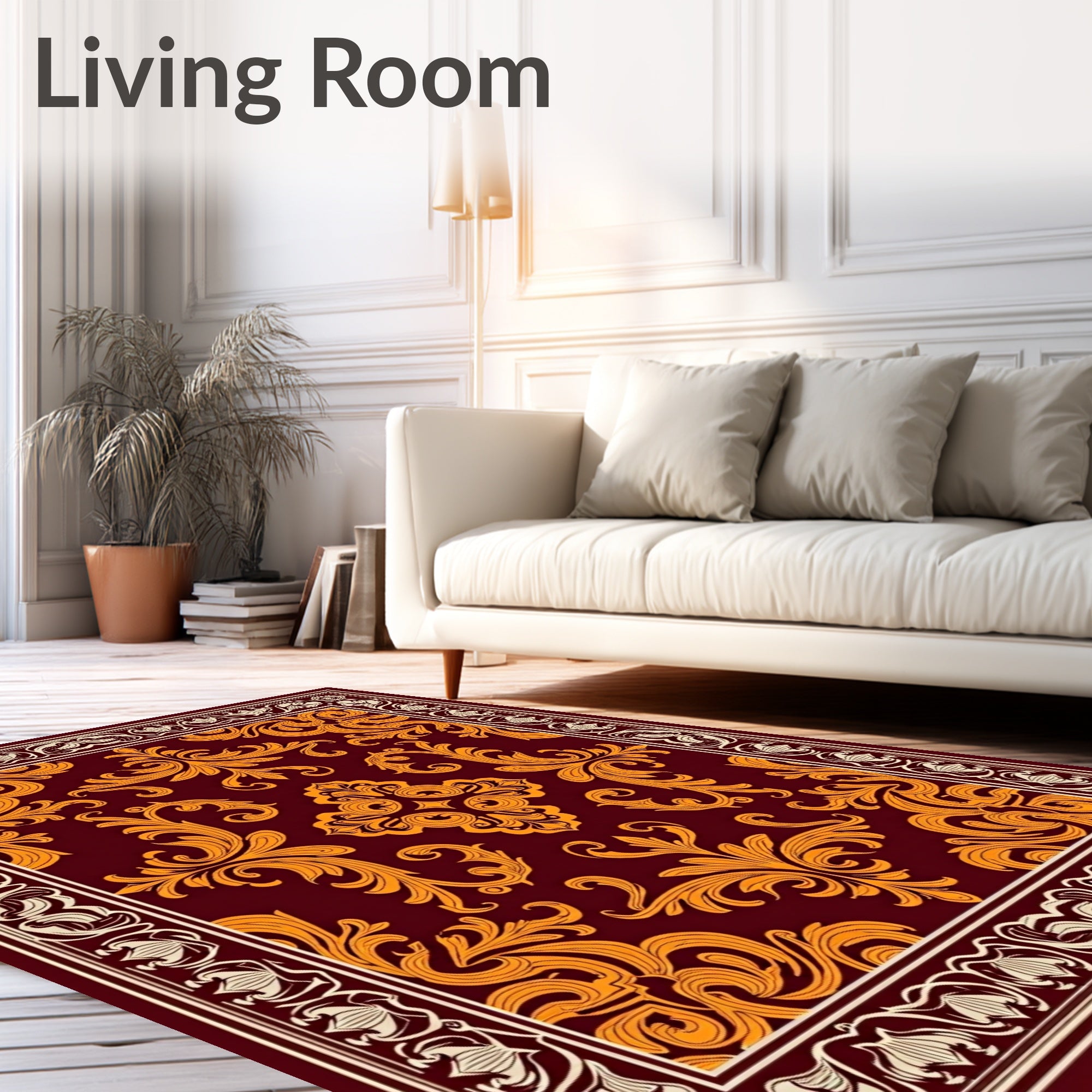 Rich Burgundy Golden Floral Scrollwork Rug