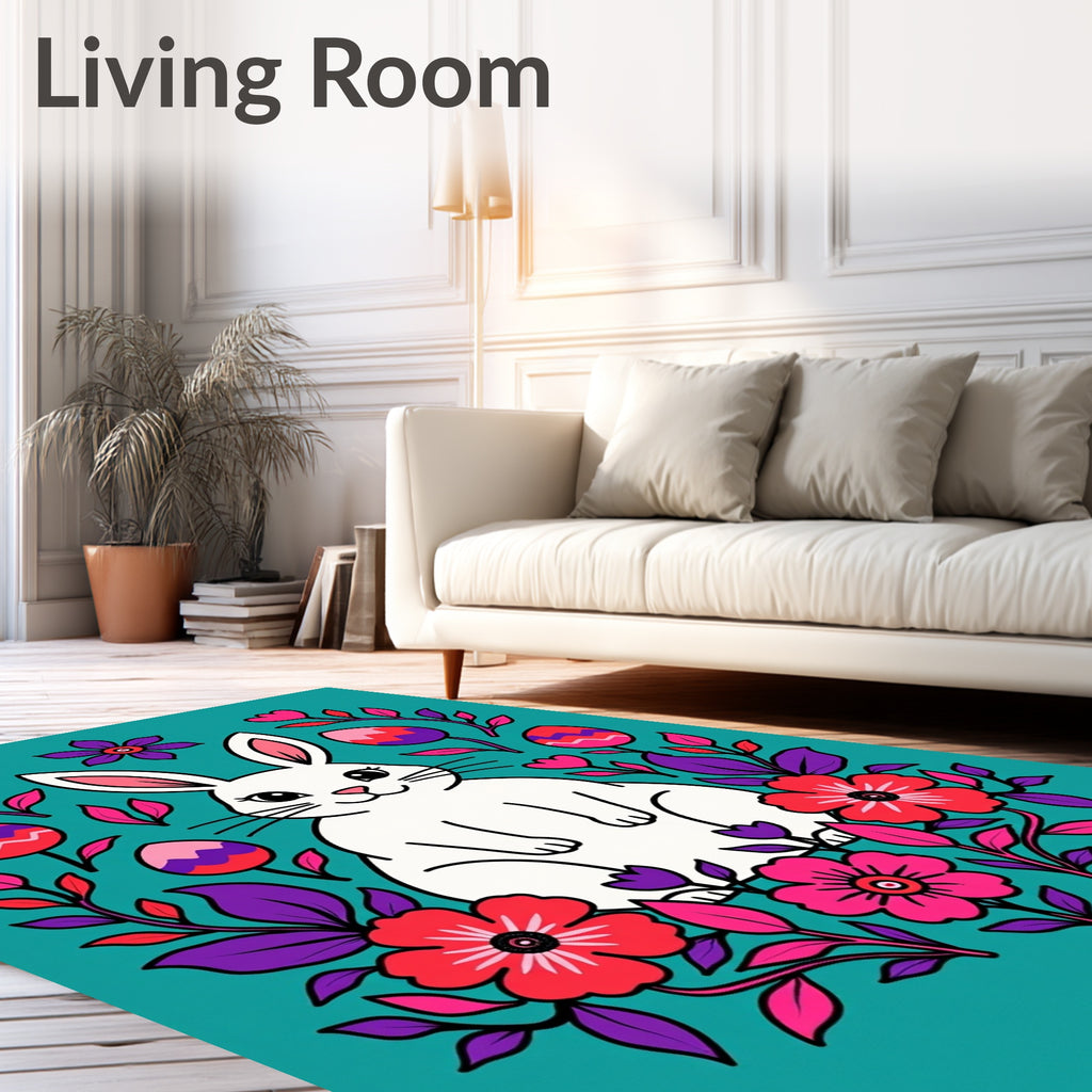 Playful White Bunny Floral Easter Eggs Rug
