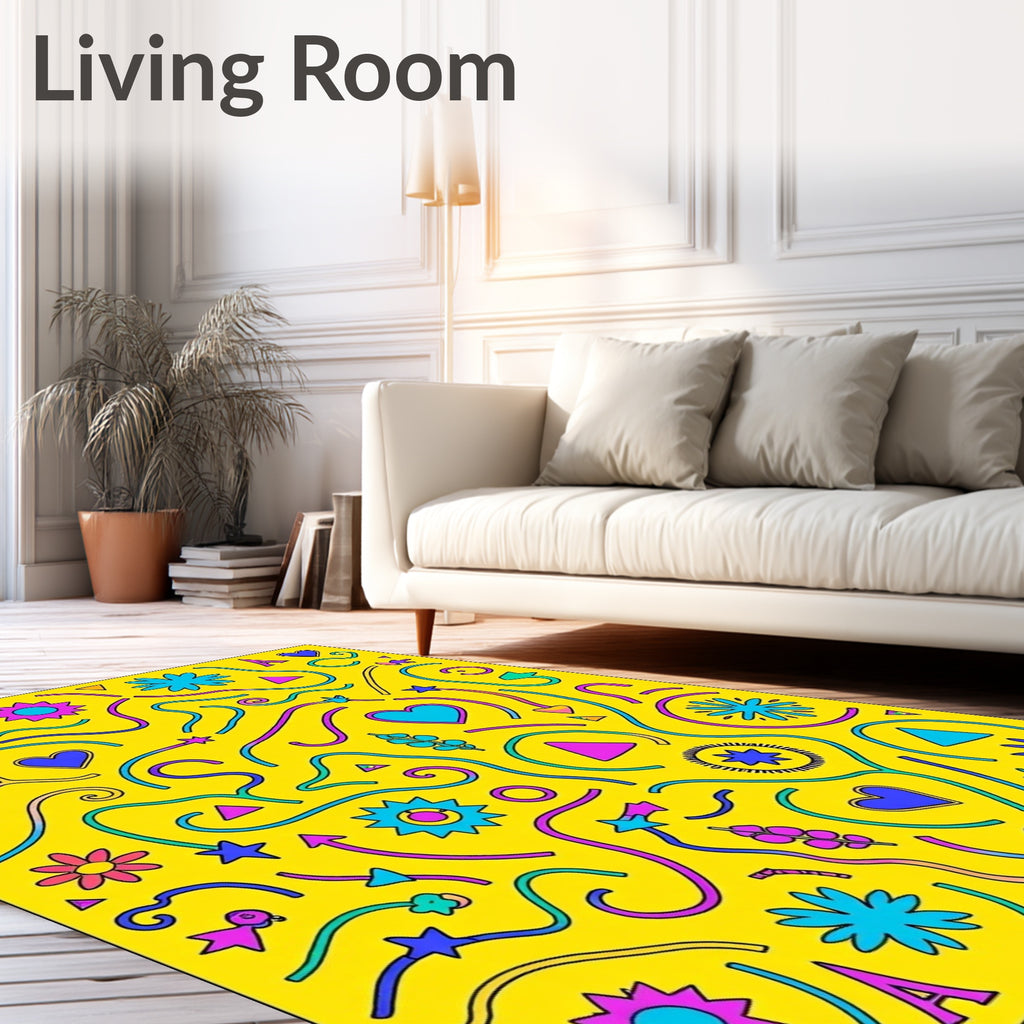 Vibrant Yellow Abstract Hearts Stars Rug