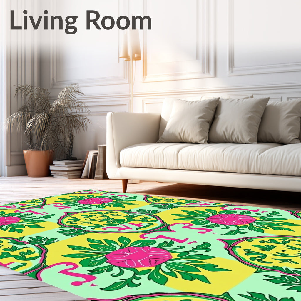 Vibrant Pink Green Yellow Floral Medallion Rug