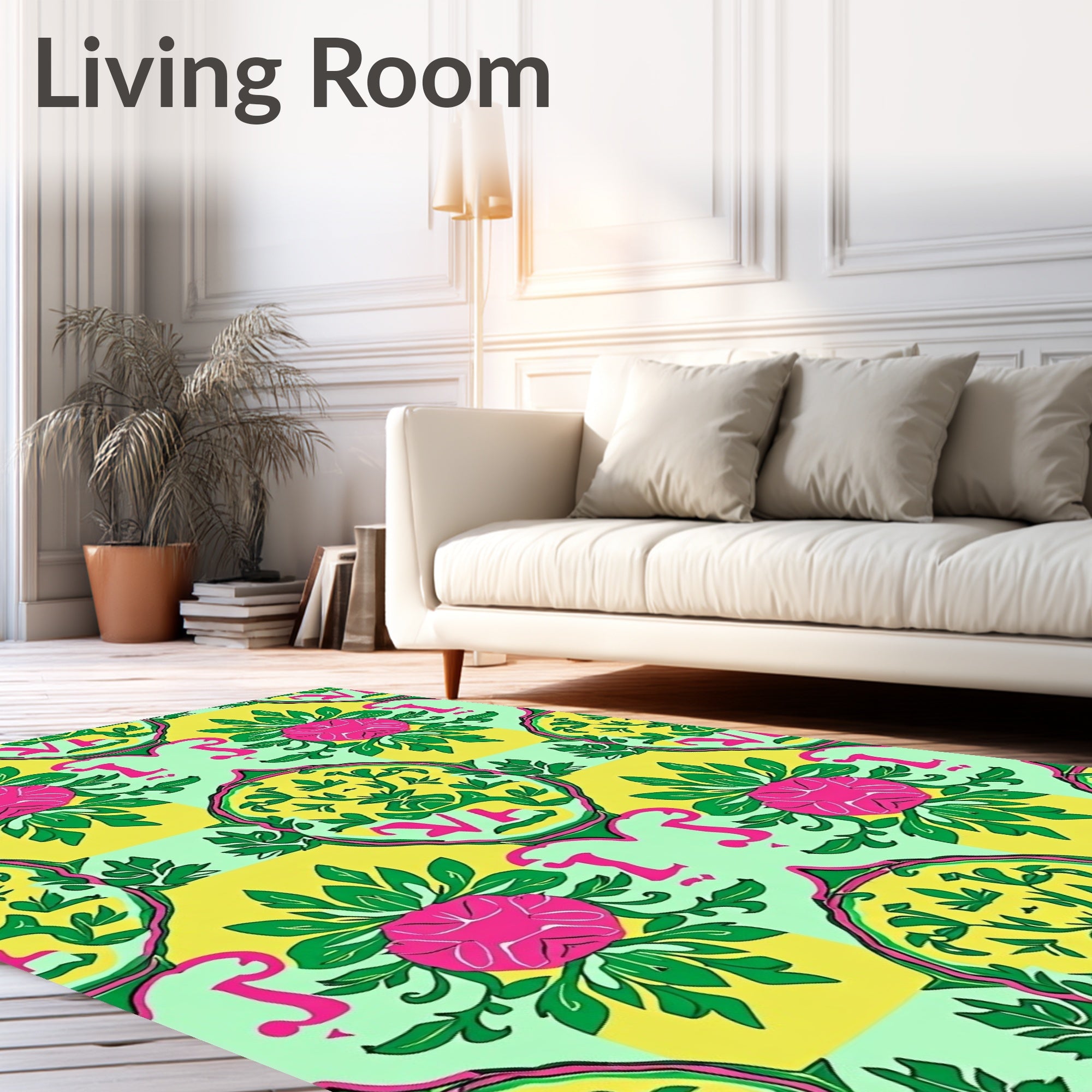 Vibrant Pink Green Yellow Floral Medallion Rug