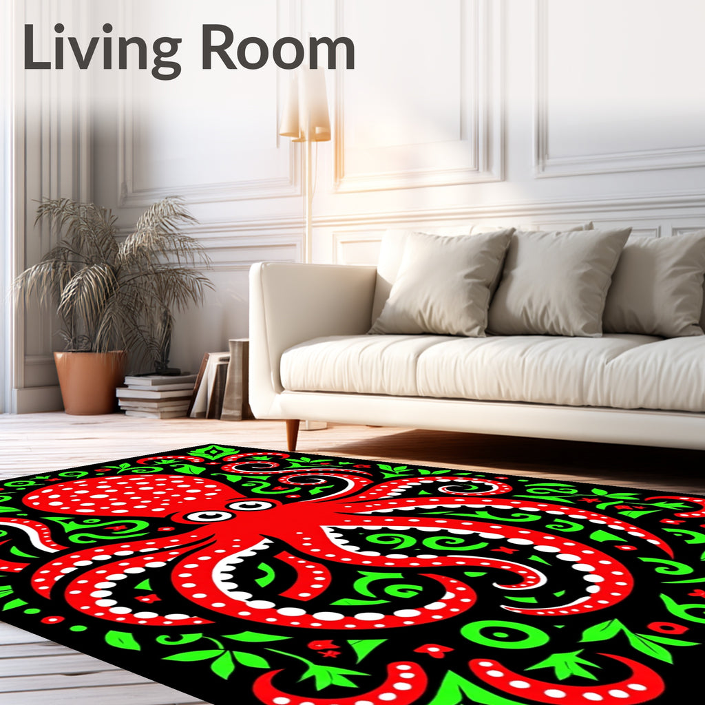 Red Octopus Green Swirls Black Background Rug