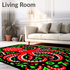 Red Octopus Green Swirls Black Background Rug