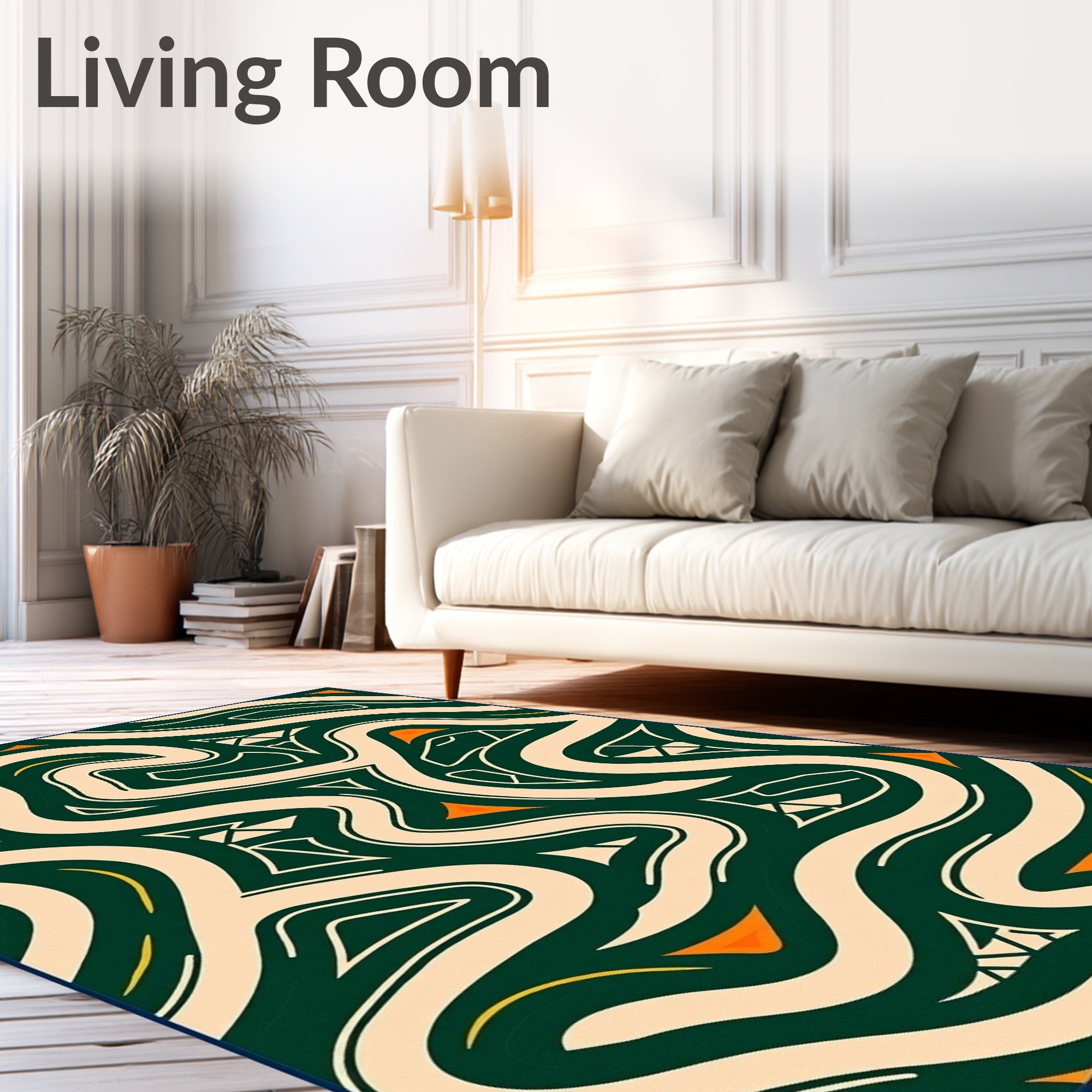 Abstract Cream Swirls Emerald Orange Rug