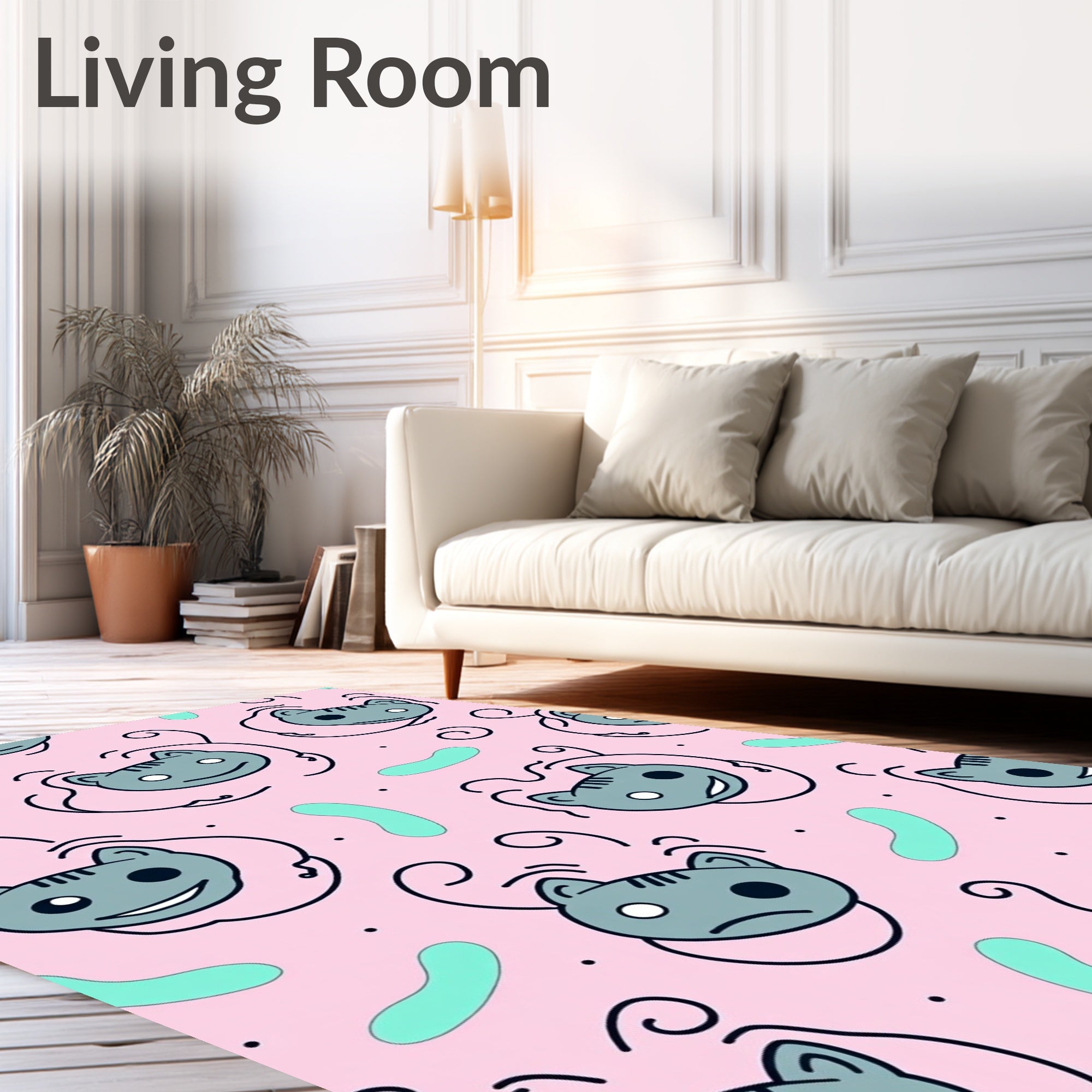 Pink Grinning Cat Faces Swirl Rug