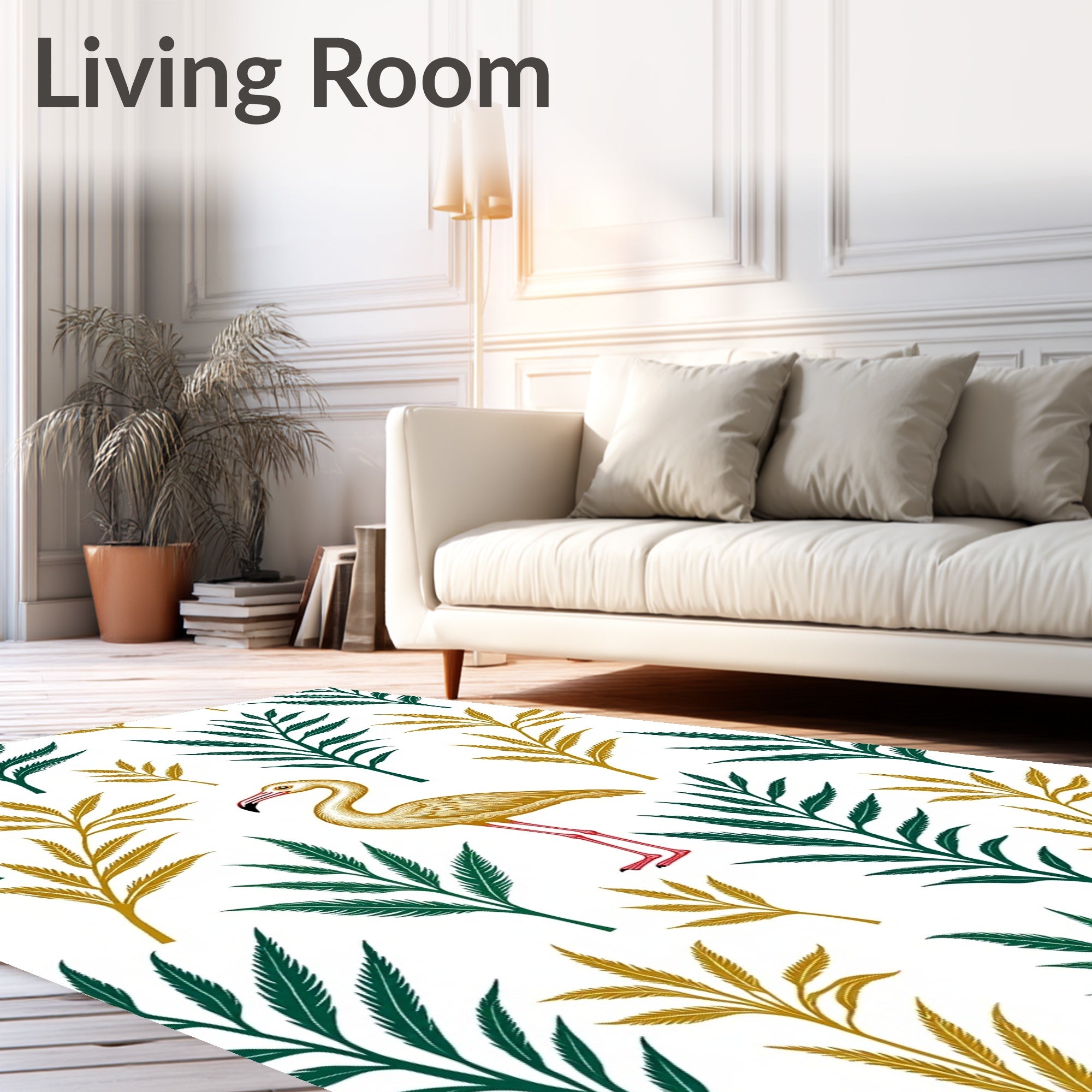 Golden Flamingo Tropical Green Foliage Rug