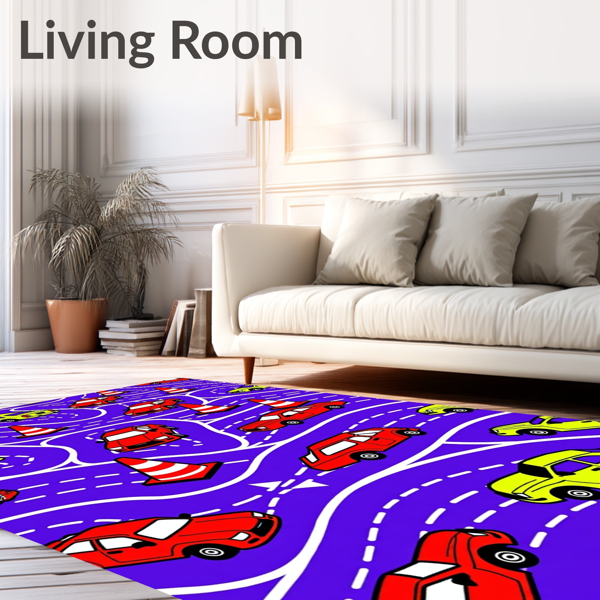 Red Yellow Cars Traffic Cones Rug