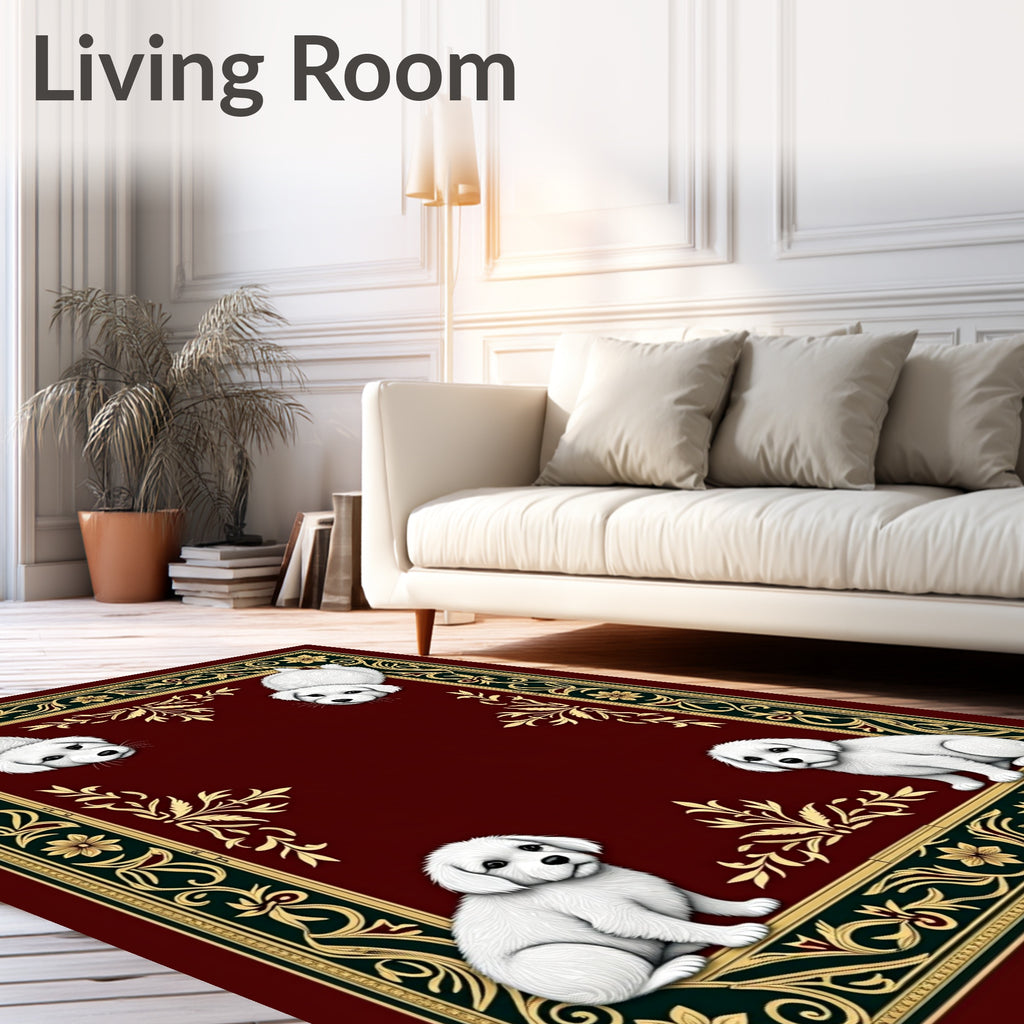 Charming Ruby Puppy Floral Border Rug