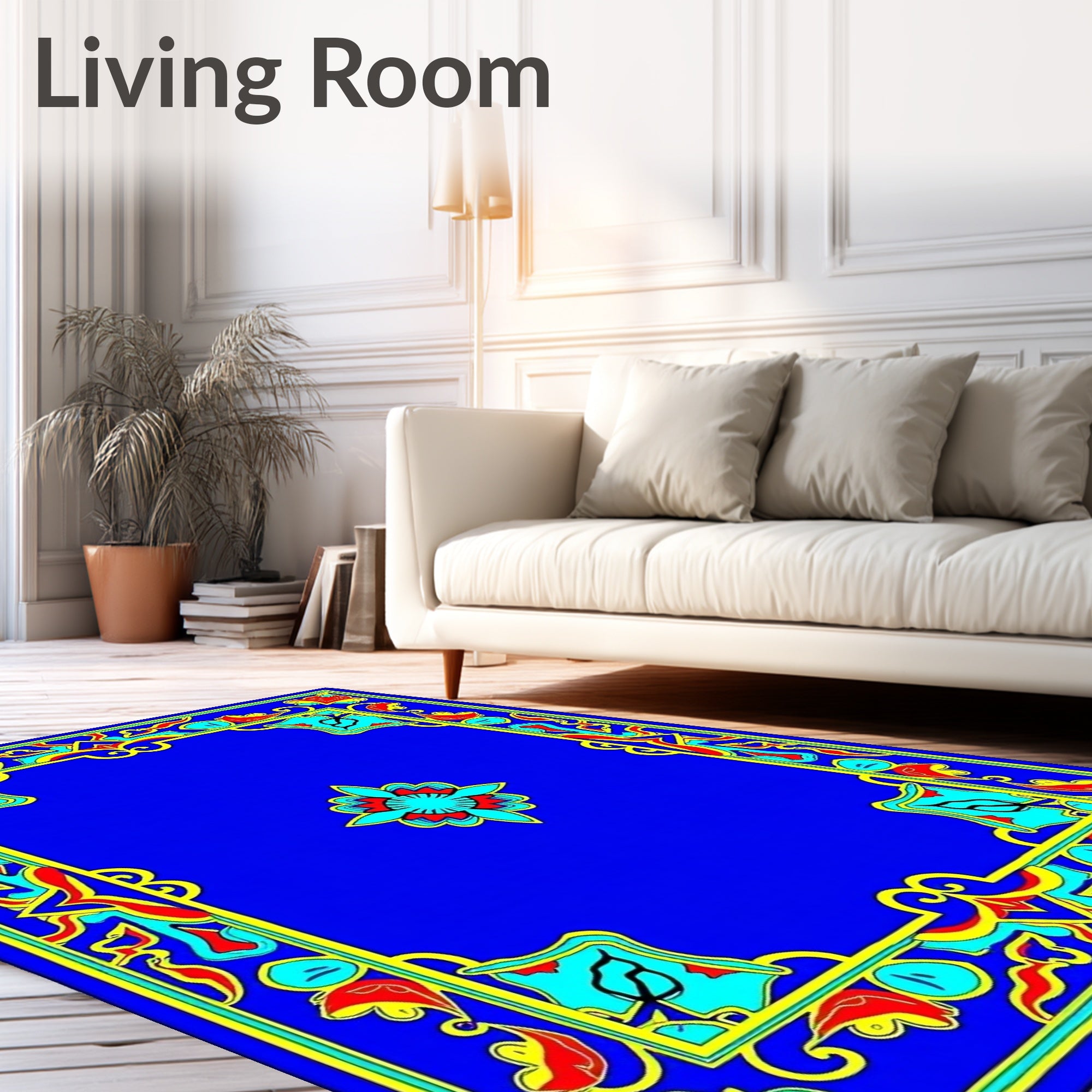 Vibrant Blue Red Yellow Floral Medallion Rug
