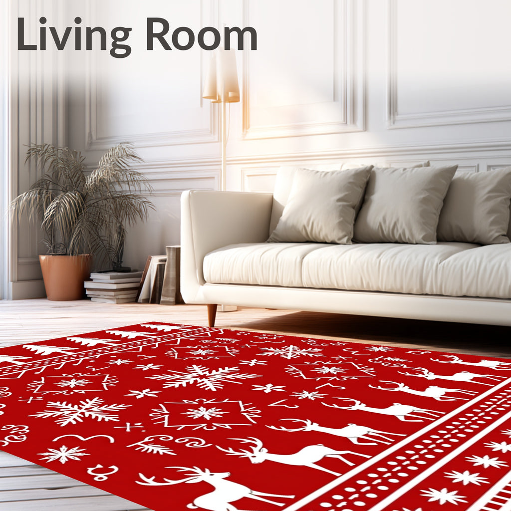Red White Christmas Tree Reindeer Snowflake Rug